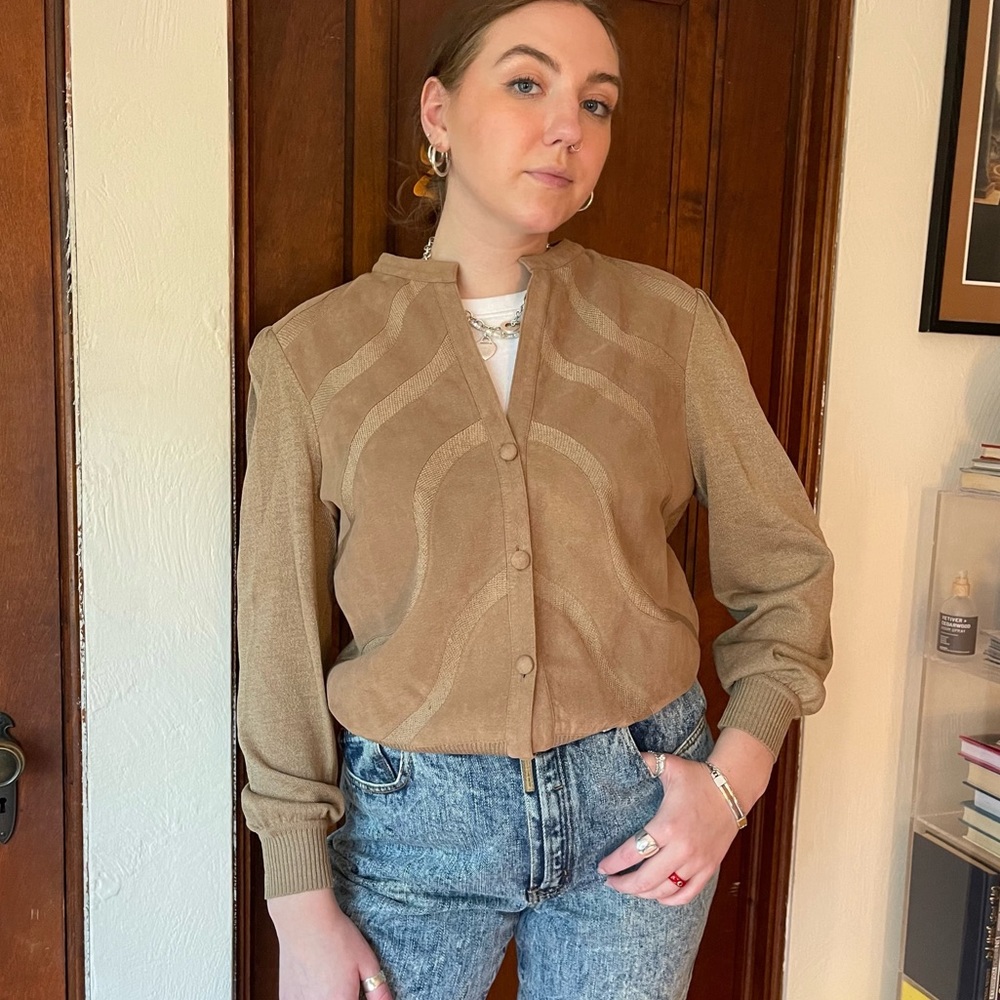 VTG 70s St. Croix Knits Tan Suede and Knit Cardigan